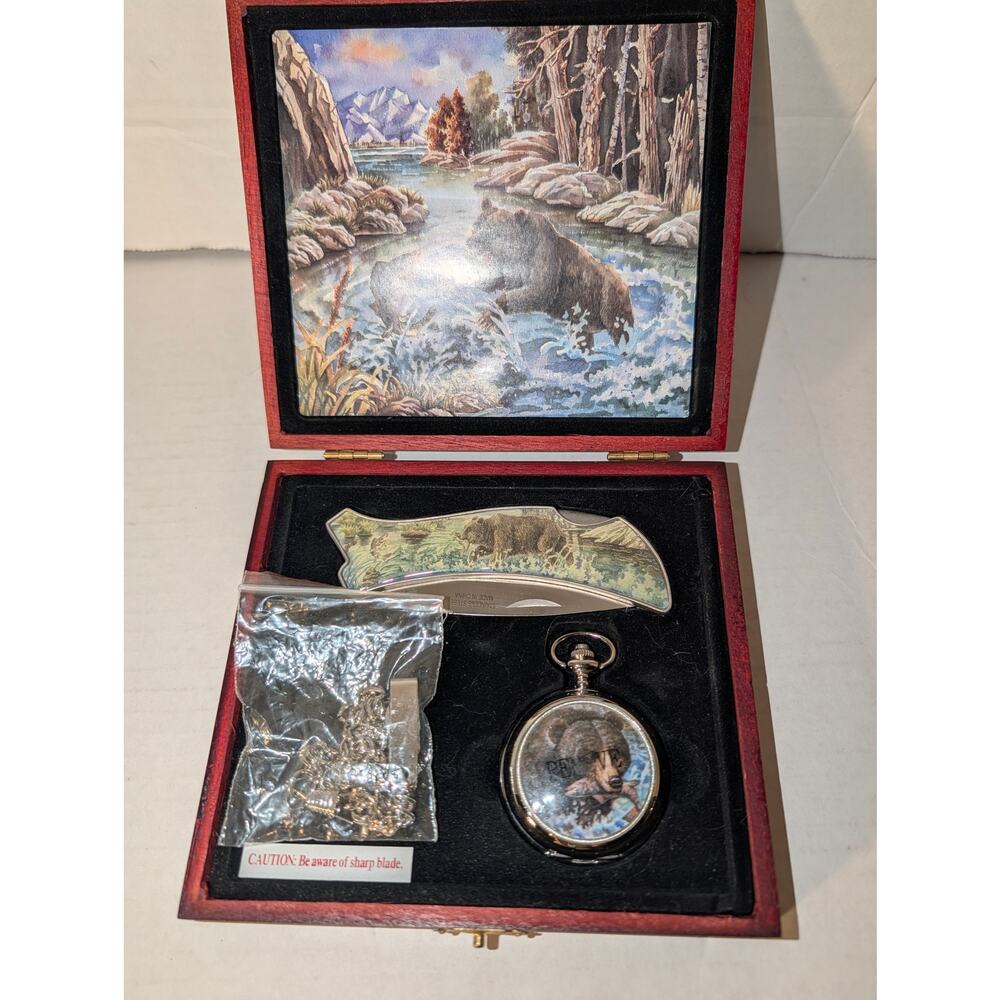 Kodiak Bear With Fish Boot Knife Wooden Case Pocket Watch Chain New